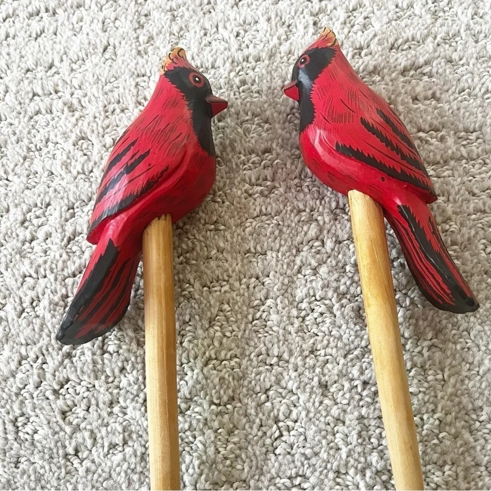 Wooden Salad Serving Set Cardinal Bird Utensils Fork Spoon Farmhouse Cottage